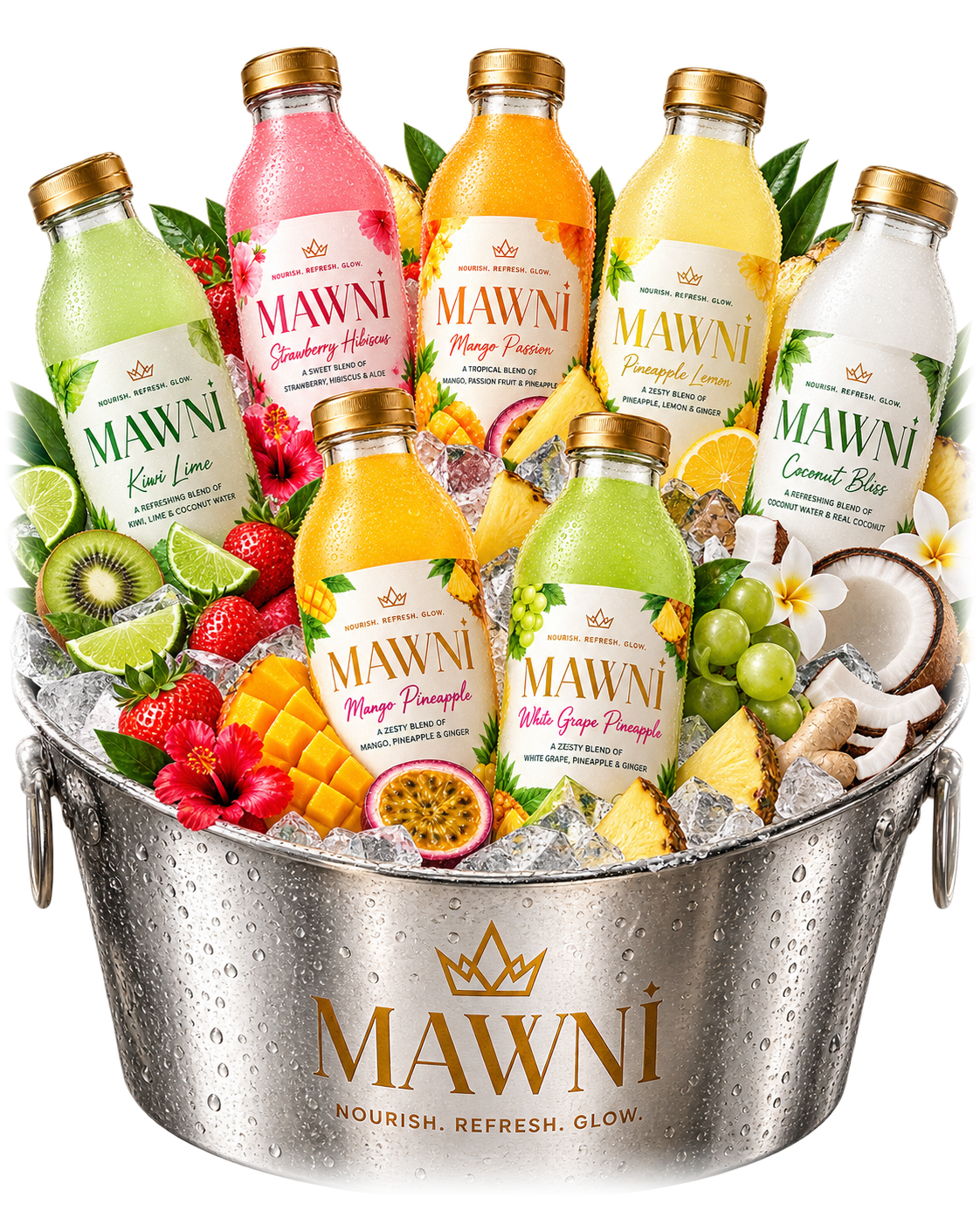 Bucket of chilled MAWNI juice bottles on ice